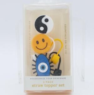 3 Pack Tumbler Straw Topper Set (Yin/Yang  Evil Eye  Smiley Face)